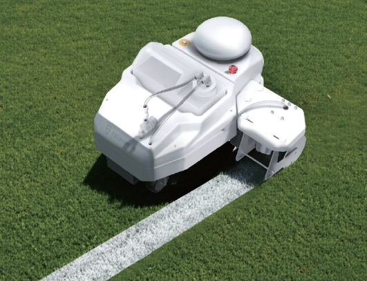 Robotic line marker painting a white line on a pitch